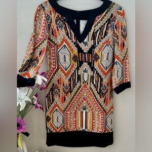 Trina Turk Multicolor Geometric V-Neck dress with Black Trim